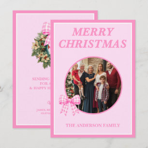 Budget Pink Gingham Bow Family Photo Christmas Holiday Card