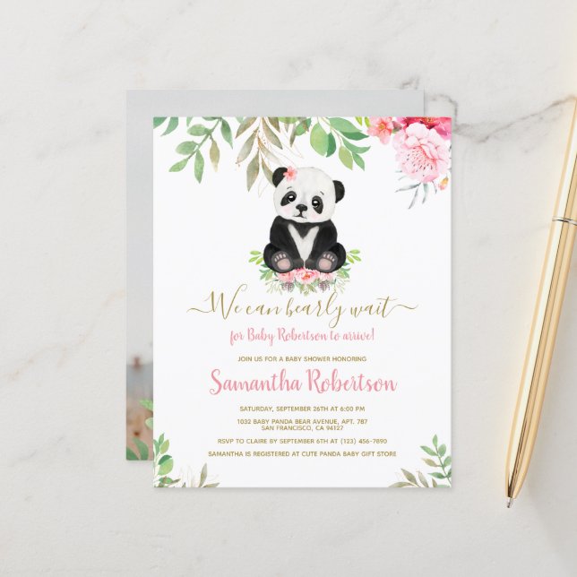 Budget Pink Girl Bear Photo Baby Shower Invitation (Front/Back In Situ)