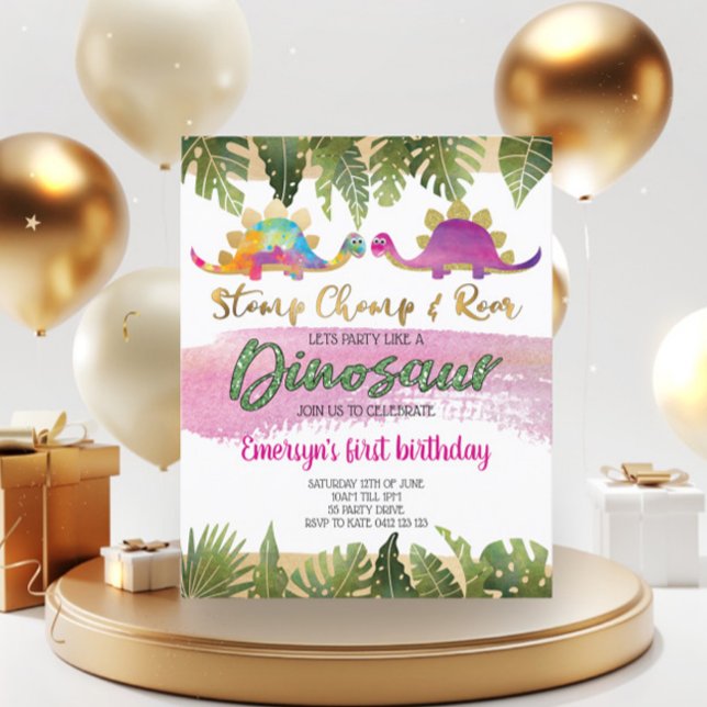 Budget Pink Girl Dinosaur Birthday Invitation (Creator Uploaded)