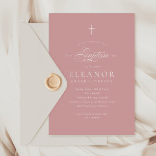 Budget Pink Girl Elegant Cross Calligraphy Baptism Invitation