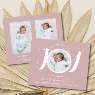 Budget Pink Girl Three Photo Birth Announcement