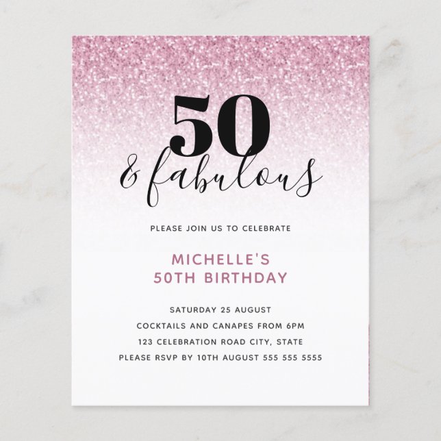 Budget Pink Glitter 50 & Fabulous Birthday Invite (Front)