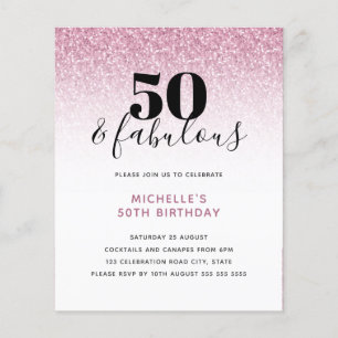 Budget Pink Glitter 50 & Fabulous Birthday Invite