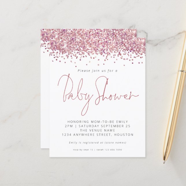 Budget Pink Glitter Baby Shower Invitation  (Front/Back In Situ)