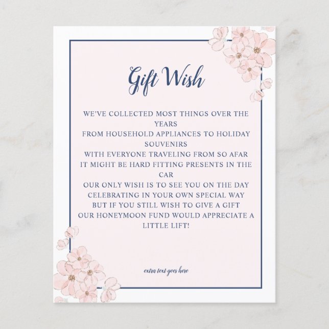 BUDGET  Pink Glitter Navy Floral Wedding Gift Wish (Front)