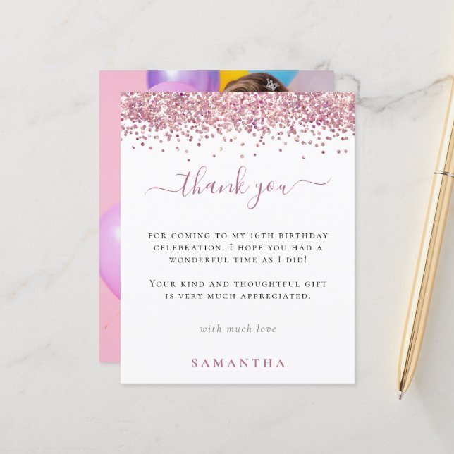 Budget Pink Glitter Photo Sweet 16 Thank You (Front/Back In Situ)
