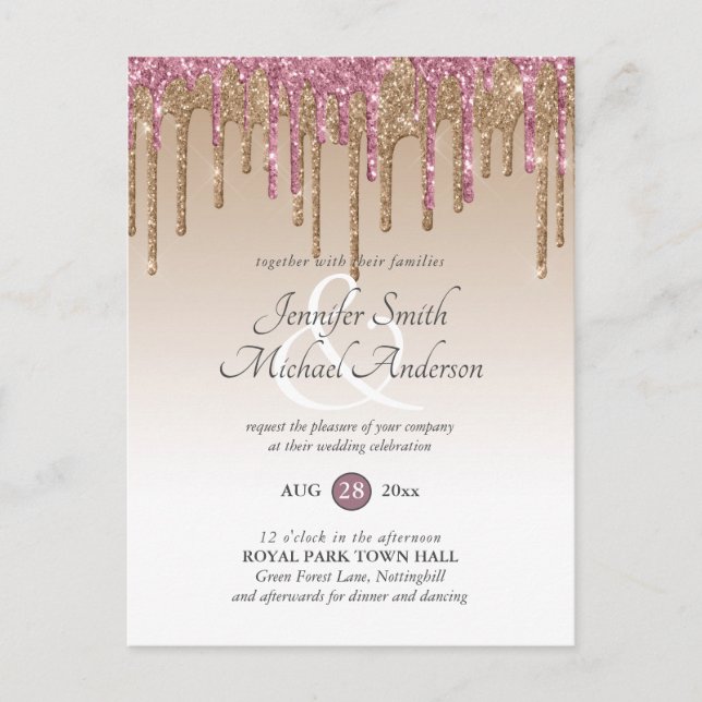 Budget Pink GlITTER Rose Gold WEDDING INVITATION Postcard (Front)