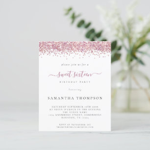 Budget Pink Glitter Sweet Sixteen Invitation