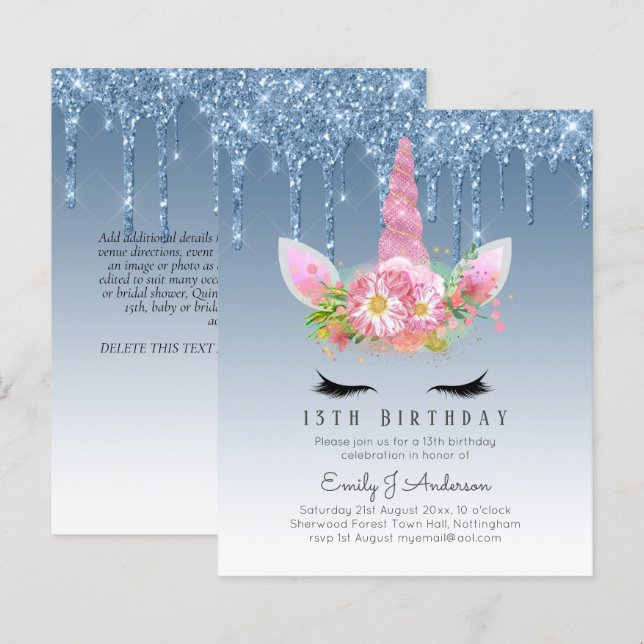 BUDGET Pink Glitter Unicorn Girls Birthday Invites (Front/Back)