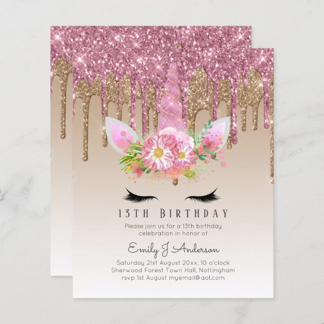 BUDGET Pink Glitter Unicorn Girls Birthday Invites (Front/Back)