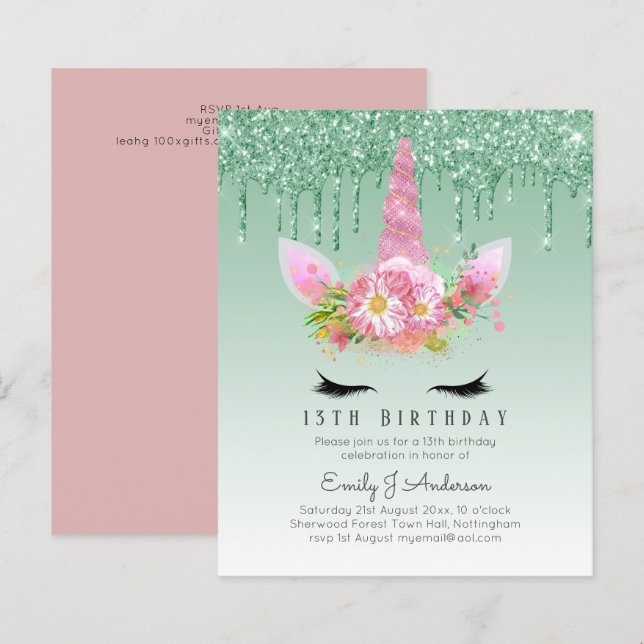 BUDGET Pink Glitter Unicorn Girls Birthday Invites (Front/Back)