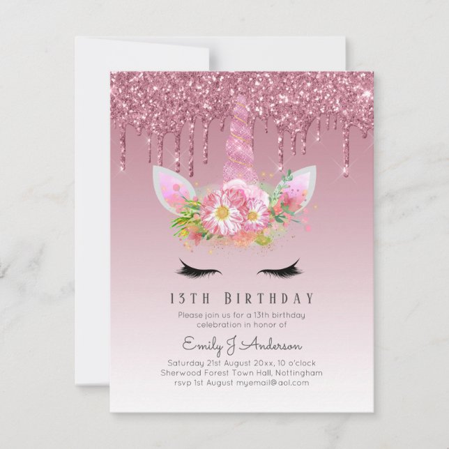 BUDGET Pink Glitter Unicorn Girls Birthday Invites (Front)