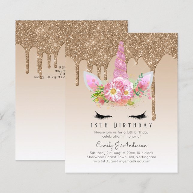 BUDGET Pink Glitter Unicorn Girls Birthday Invites (Front/Back)