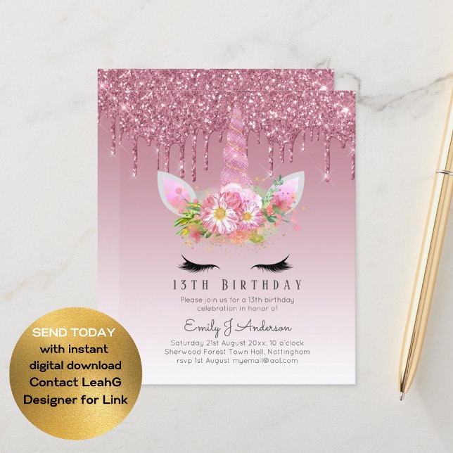 BUDGET Pink Glitter Unicorn Girls Birthday Invites (Creator Uploaded)