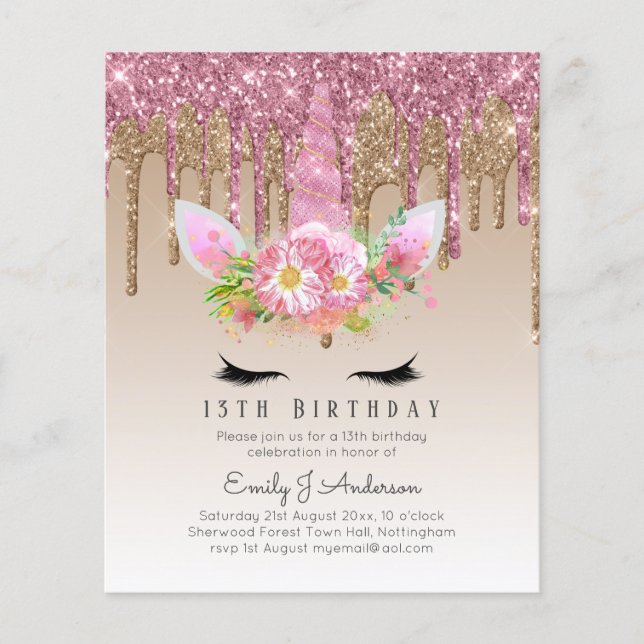 BUDGET Pink Glitter Unicorn Girls Birthday Invites Flyer (Front)