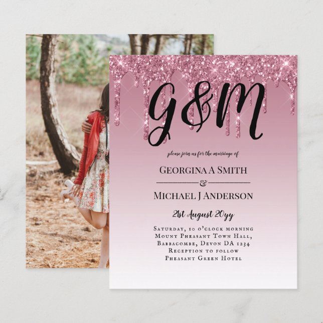 BUDGET Pink Glitter Wedding Invitations (Front/Back)