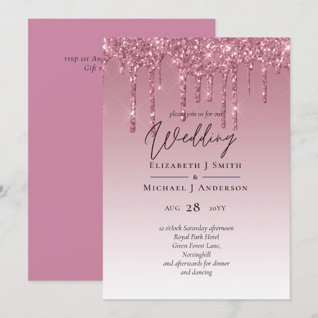 BUDGET Pink Glitter Wedding Invitations (Front/Back)