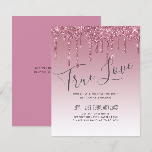 BUDGET Pink Glitter Wedding Invitations (Front/Back)