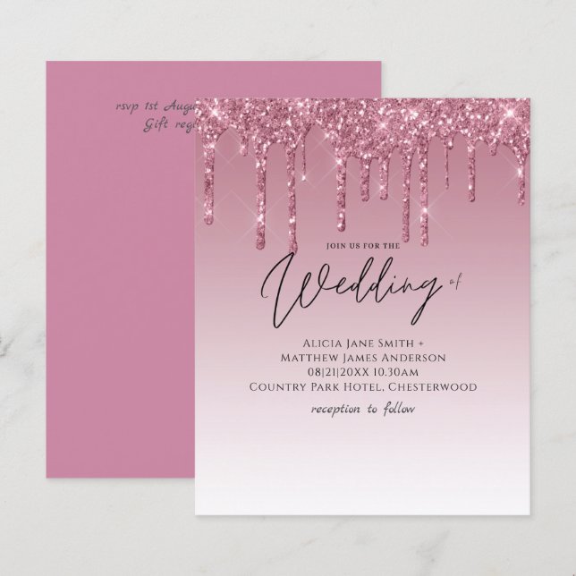 BUDGET Pink Glitter Wedding Invitations (Front/Back)
