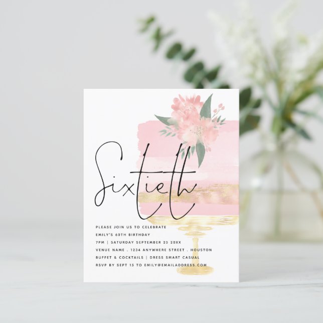 Budget Pink Gold Birthday Cake 60th Party Invite (Standing Front)