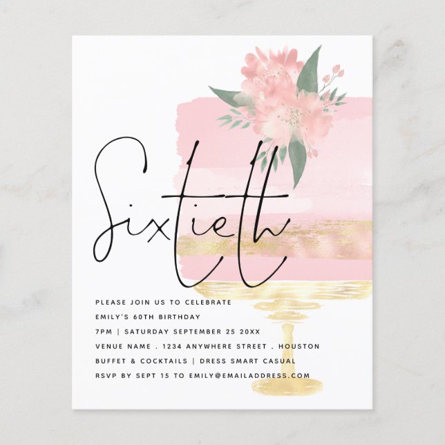 Budget Pink Gold Birthday Cake 60th Party Invite Flyer (Front)