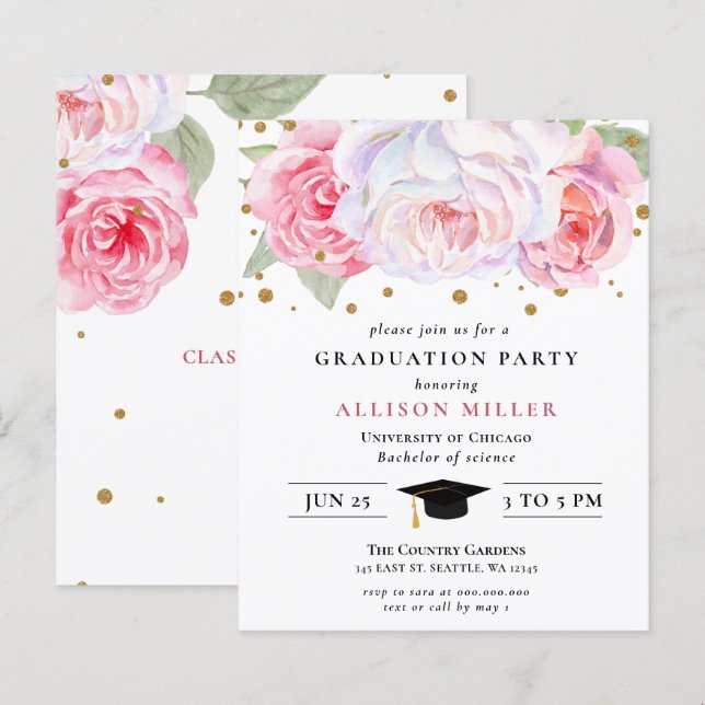 Budget Pink Gold Floral Graduation Invitation (Front/Back)