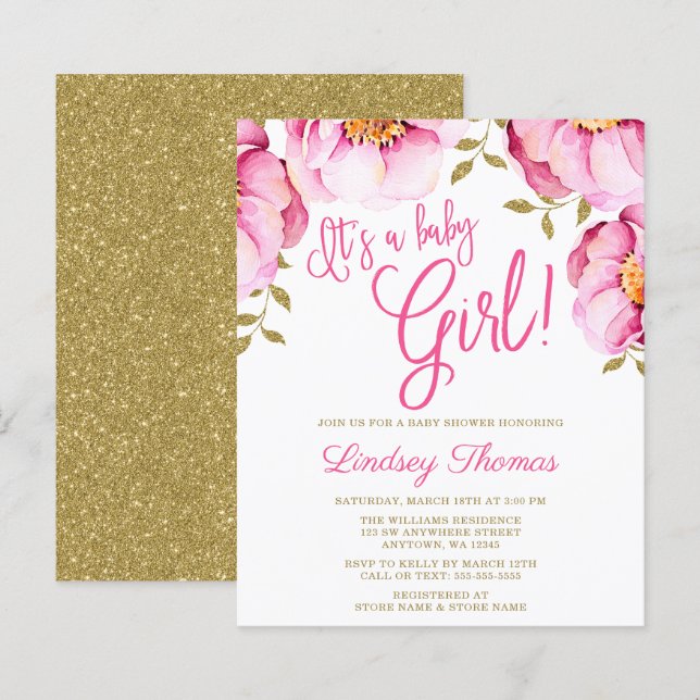 Budget Pink Gold Floral Watercolor Baby Shower (Front/Back)