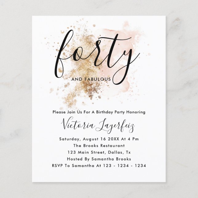 Budget Pink & Gold Forty 40th Birthday Invitation Flyer (Front)