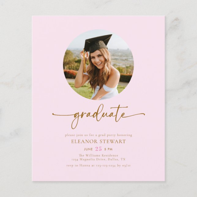 Budget Pink & Gold Photo Graduate Graduation Party Flyer (Front)