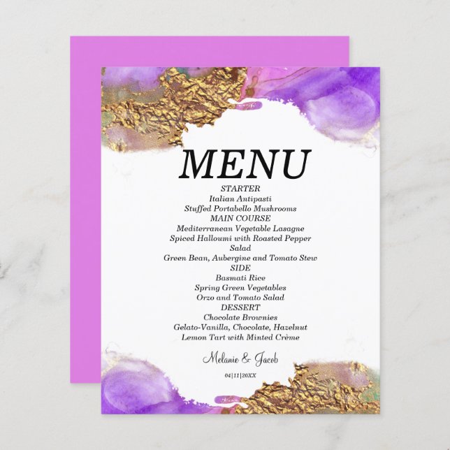 Budget Pink Gold Purple Ink Flat Menu card (Front/Back)