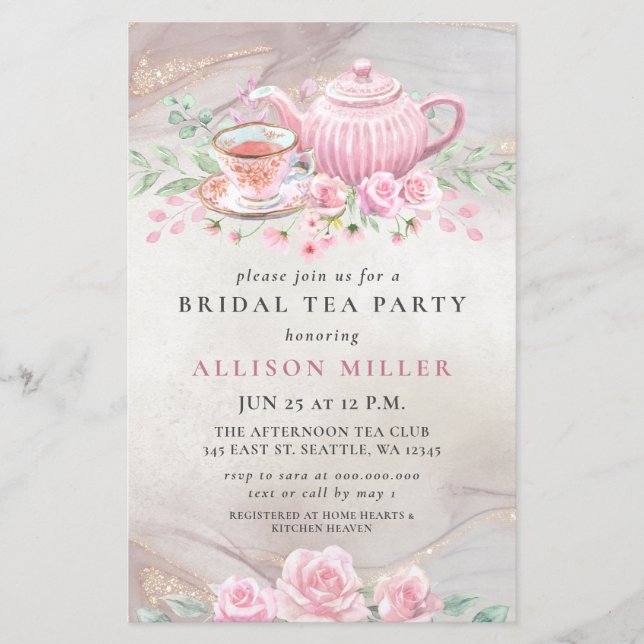 Budget Pink Gold Tea Party Bridal Shower Invite (Front)