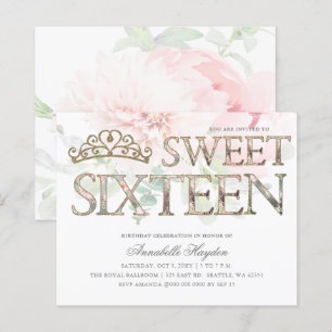 Budget Pink Gold Tiara Floral Sweet 16 Invitation