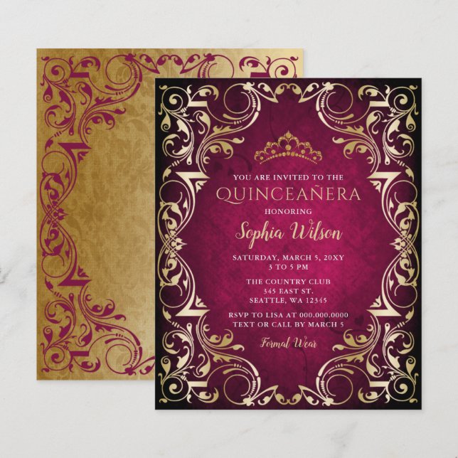 Budget Pink Gold Tiara Quinceañera Invitation (Front/Back)