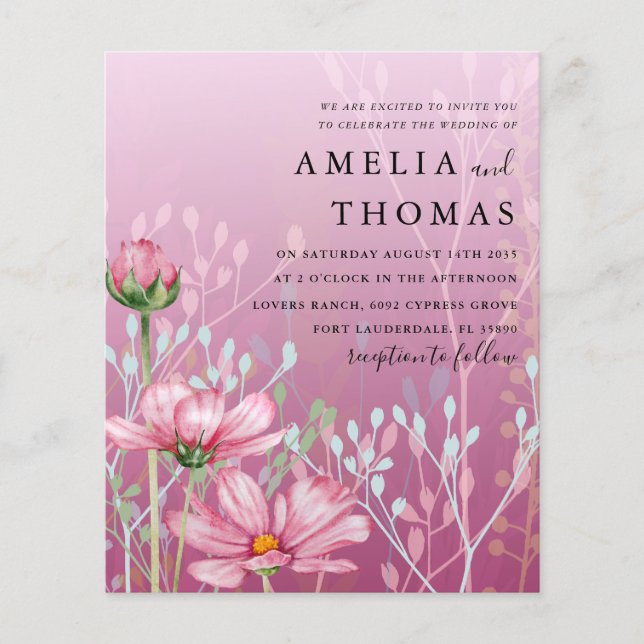 Budget Pink Grasses & Foliage Wedding Invitation (Front)