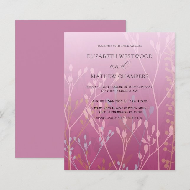 Budget Pink Grasses & Foliage Wedding Invitation (Front/Back)