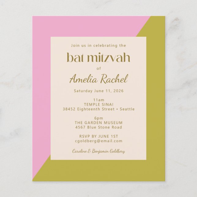 Budget Pink Green Colour Block Bat Mitzvah Invite (Front)