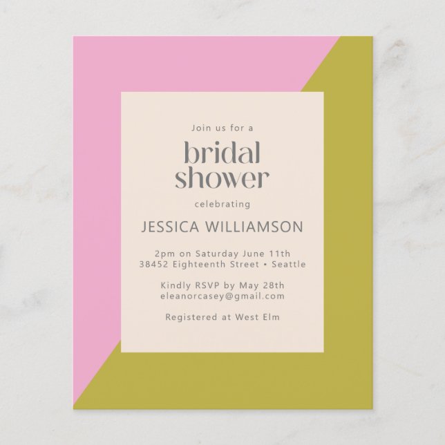 Budget Pink Green Colour Block Bridal Shower Invit (Front)