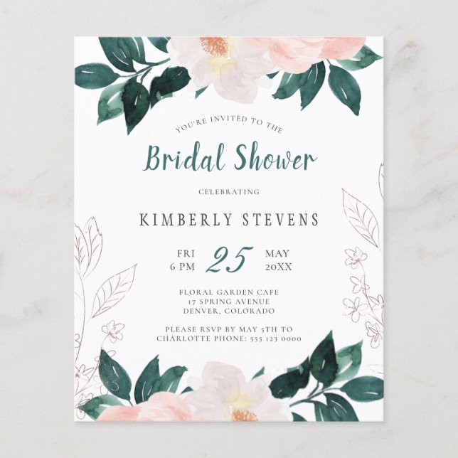 Budget pink green floral bridal shower invitation (Front)