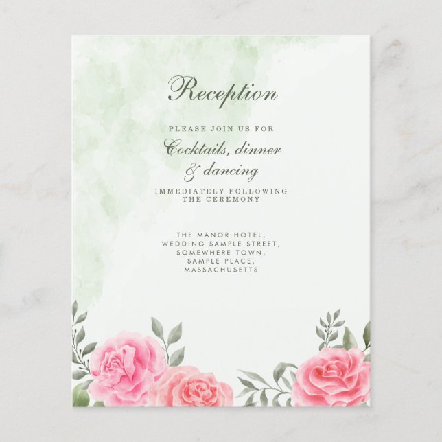 Budget Pink Green Rose Floral Wedding Reception Flyer (Front)