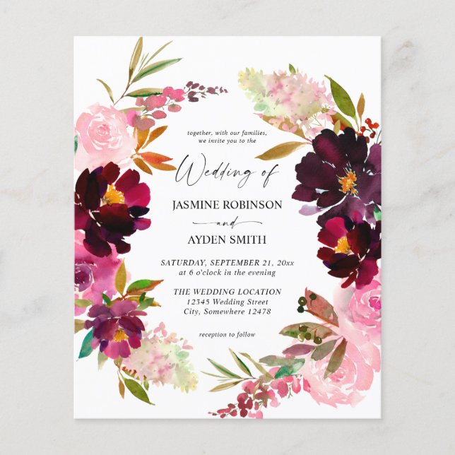 Budget Pink- Hot Blush & Purple Floral Wedding Flyer (Front)