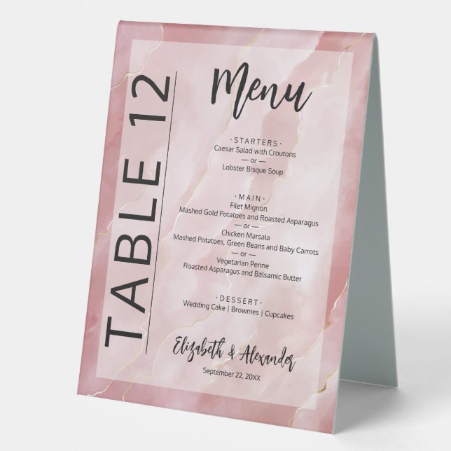 Budget Pink Marble Wedding Menu Table Number (Front)
