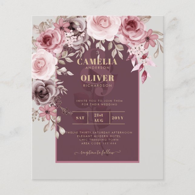 BUDGET Pink Maroon Wine Floral Wedding INVITE Flyer (Front)