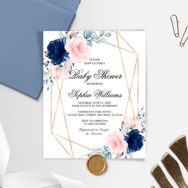 Budget Pink & Navy Blue Baby Shower Invitation (Creator Uploaded)