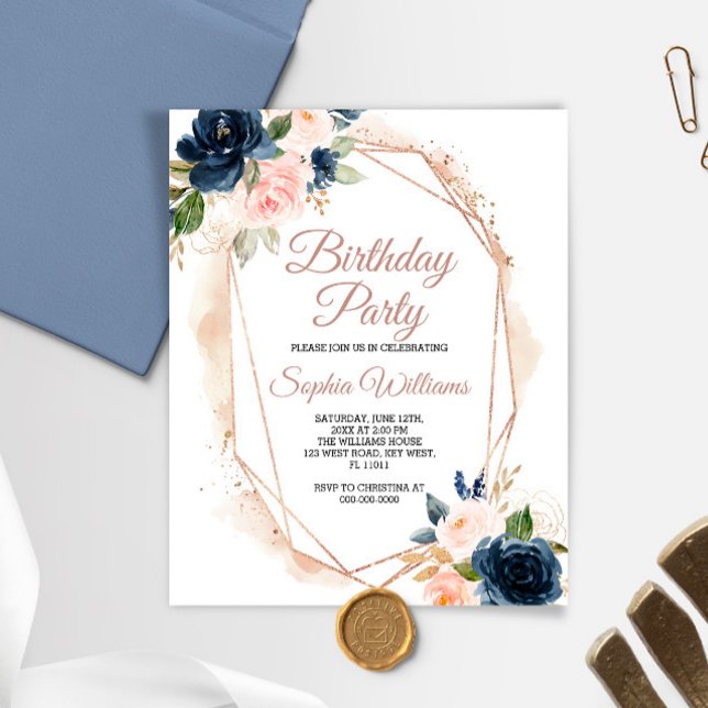 Budget Pink, Navy & Gold Birthday Party Invitation (Creator Uploaded)