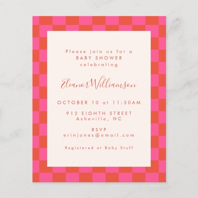 Budget Pink Orange Chequerboard Baby Shower Invite (Front)