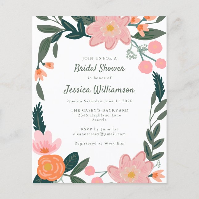 Budget Pink Orange Floral Bridal Shower Invitation (Front)