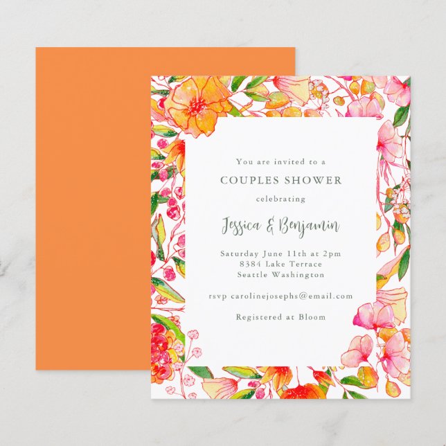 Budget Pink Orange Floral Couples Shower Invite (Front/Back)