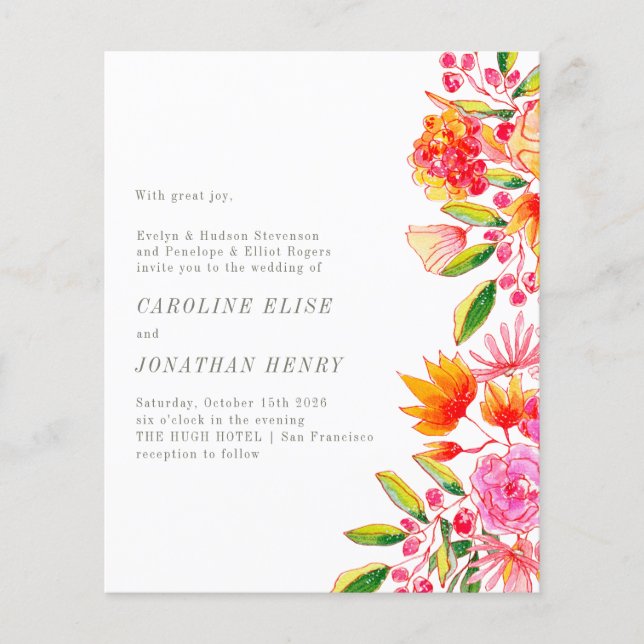 Budget Pink Orange Floral Formal Wedding Invite (Front)