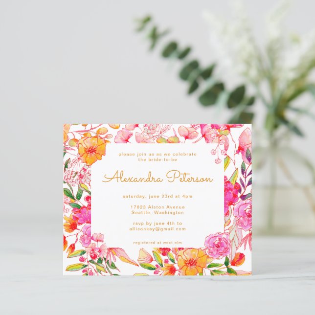 Budget Pink Orange Flowers Bridal Shower Invite (Standing Front)