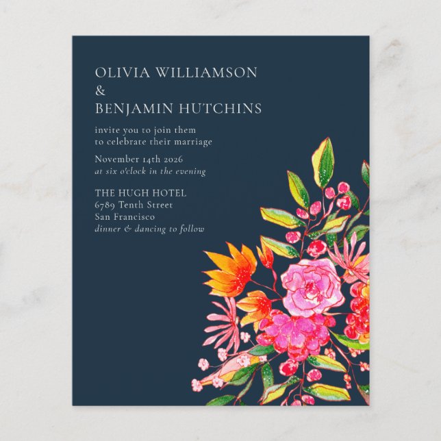 Budget Pink Orange Navy Watercolor Flowers Wedding (Front)